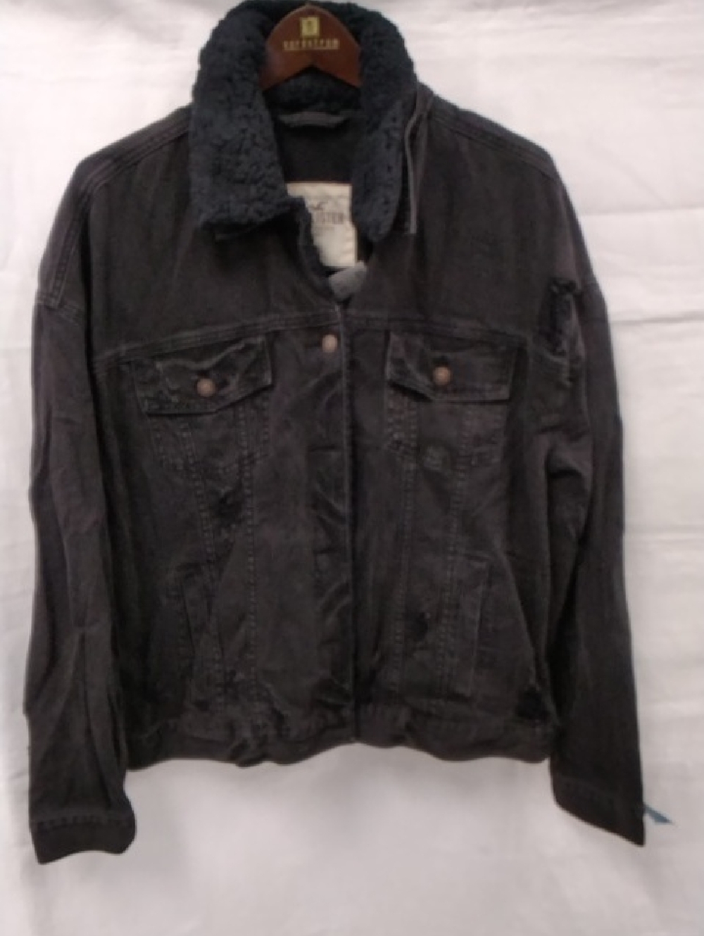 Hollister Destroyed Black Denim Sherpa Collar Jacket